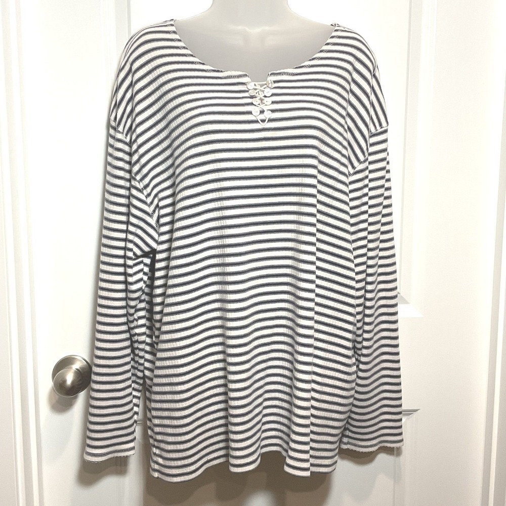 Portraits by Northern Isles‎ Women's Striped Henley Shirt 3X Cotton Long Sleevee